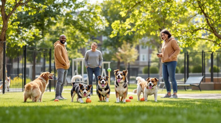 Four adults socializing at a fenced dog park, supervising five dogs playing on grass with agility equipment and benches, apartment buildings blurred in the background.