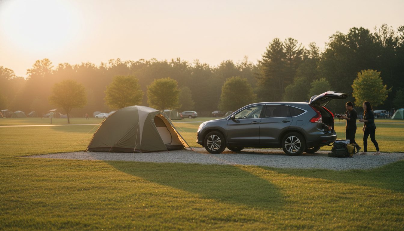 A couple setting up camp beside their SUV at a drive-in tent site during golden hour, with warm sunlight, grassy clearing, and several tents and vehicles visible in the background.