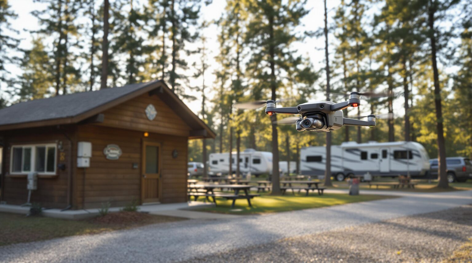 A drone with a camera hovers beside a generic wooden campground utility building, surrounded by picnic tables, gravel path, and blurred trees in the background on a sunny afternoon.