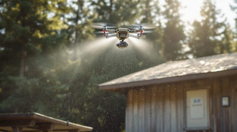 A drone with a water-spray attachment cleans the roof of a generic campground restroom in soft morning light, surrounded by trees and outdoor picnic tables.