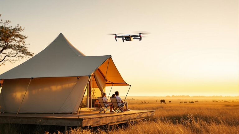 A luxury glamping tent on a wooden deck in a generic savanna, with a drone hovering above and a couple in safari clothing watching distant wildlife at sunset.