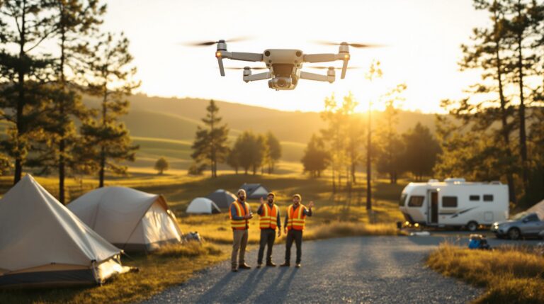 A drone hovers above a generic campground at sunset as three workers in reflective vests look up and gesture, surrounded by tents, an RV, and trees in the background.