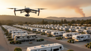 A drone hovers above a generic RV park with rows of motorhomes, green shrubs, and gravel lanes, while a plume of distant wildfire smoke rises over forested hills in the background.