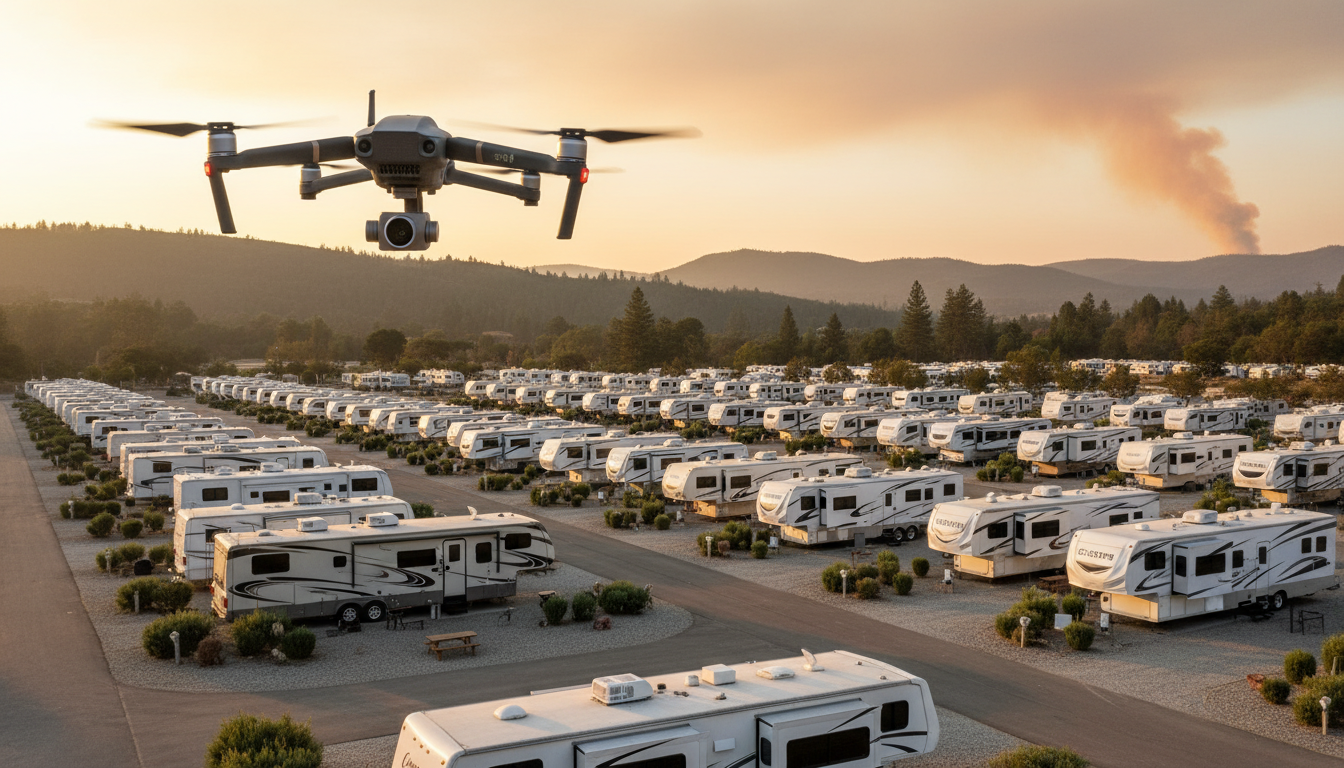A drone hovers above a generic RV park with rows of motorhomes, green shrubs, and gravel lanes, while a plume of distant wildfire smoke rises over forested hills in the background.