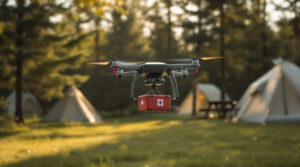 A drone carrying a small red medical supply box hovers above a grassy campground with blurred tents, picnic table, and evergreen trees in the background, bathed in warm sunlight.