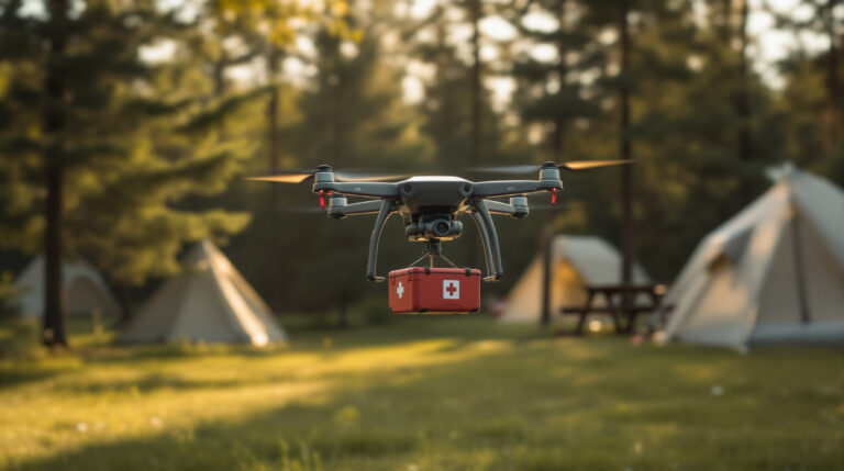 A drone carrying a small red medical supply box hovers above a grassy campground with blurred tents, picnic table, and evergreen trees in the background, bathed in warm sunlight.