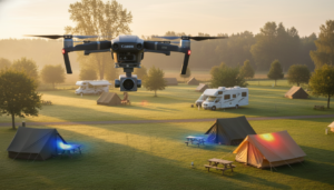 A drone equipped with a thermal camera hovers above a generic campground with tents and RVs, overlaying colorful heat signatures on the ground to reveal warmer and cooler areas among trees and grassy clearings.