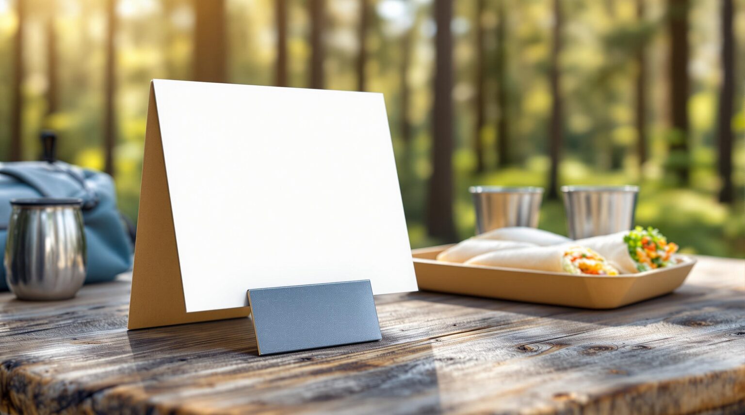 Close-up of a QR code on a stand at an outdoor eco-friendly bistro table with vegetarian wraps and a metal cup, set in a sunlit, unidentifiable forest campsite.