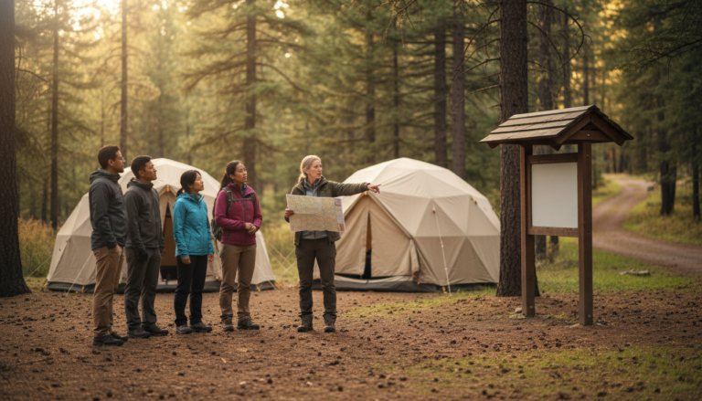 A group of adults and a guide discuss eco travel plans at a forest campsite with canvas tents and an information kiosk, surrounded by evergreen trees in soft sunlight.