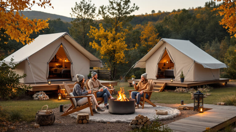 Eco-glamping campsite with canvas tents, diverse campers in sweaters around a fire pit, autumn forest background, and solar lanterns at sunset
