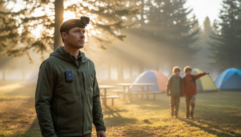 Camp counselor wearing smart wearable device monitors children walking at a generic campground with tents and trees in soft morning light.