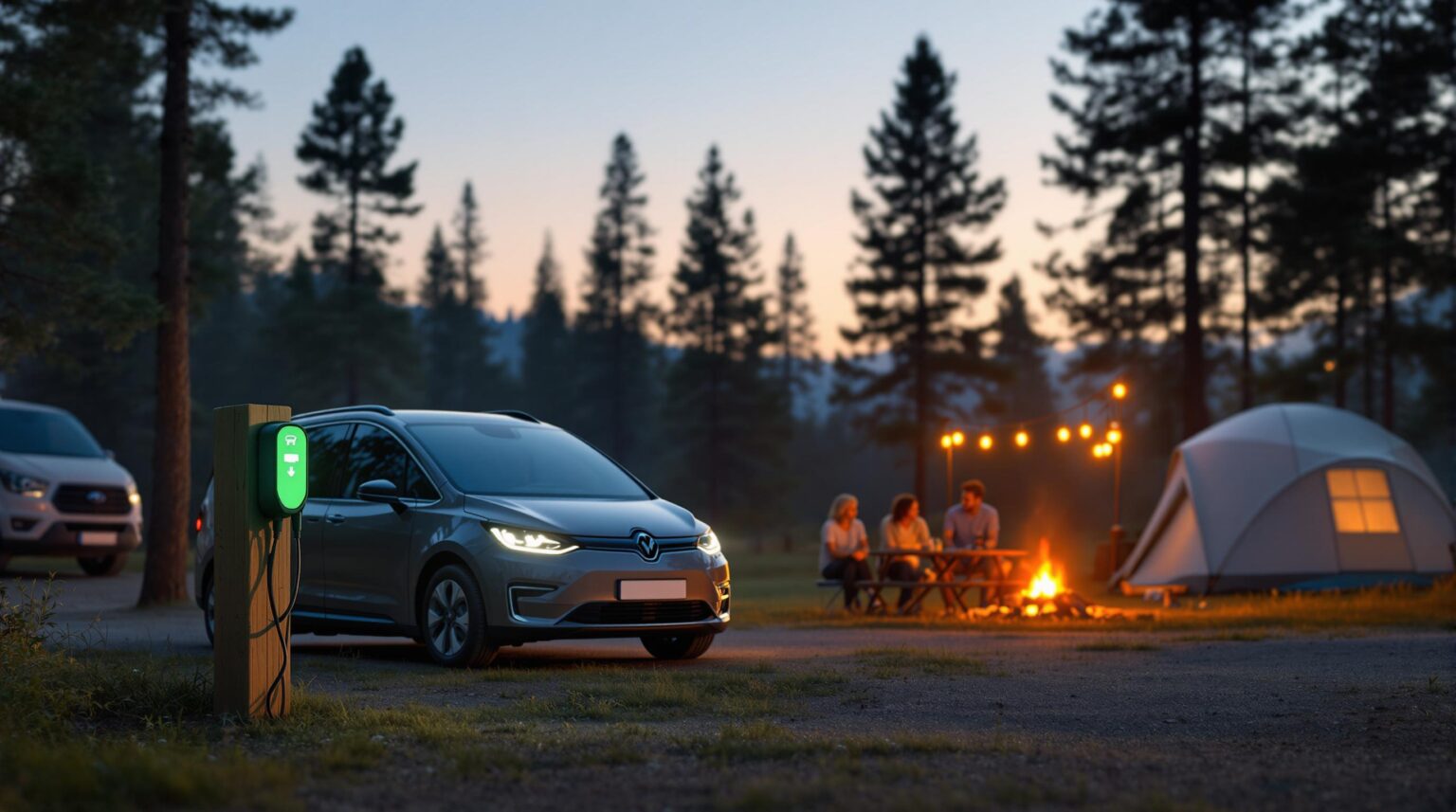 Electric vehicle charging at a generic woodland campground with tent and camper van in background, two adults talking near picnic table at dusk
