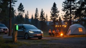Electric vehicle charging at a generic woodland campground with tent and camper van in background, two adults talking near picnic table at dusk