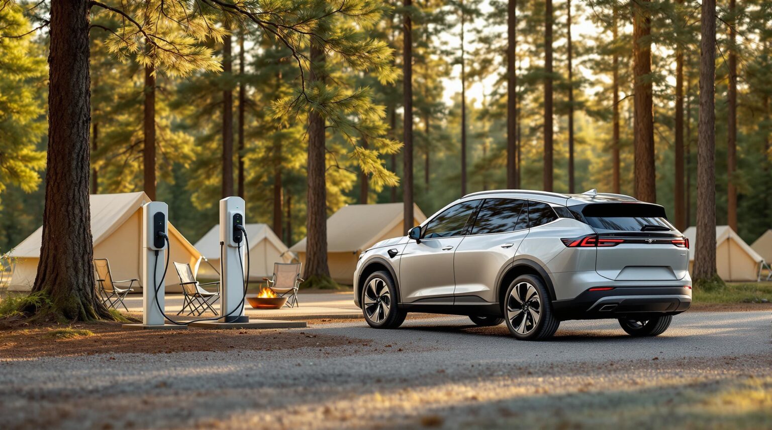 A silver electric SUV charges at a pay-per-use station in a generic forest campground, with pine trees, tents, and camp chairs visible in the soft afternoon light.