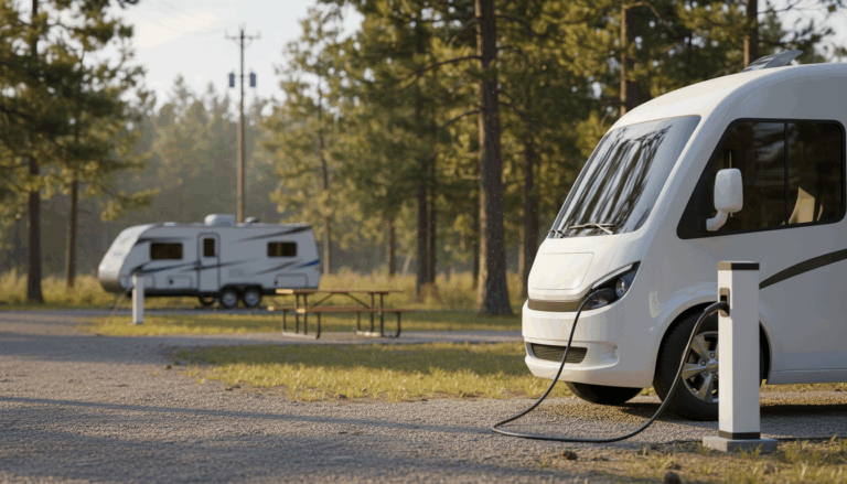 Electric RV charging at forest campground with picnic tables and tall pine trees in soft afternoon light