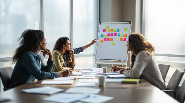 A diverse group of event planners discussing ideas around a modern conference table, with charts and sticky notes visible, in a bright, neutral office setting.