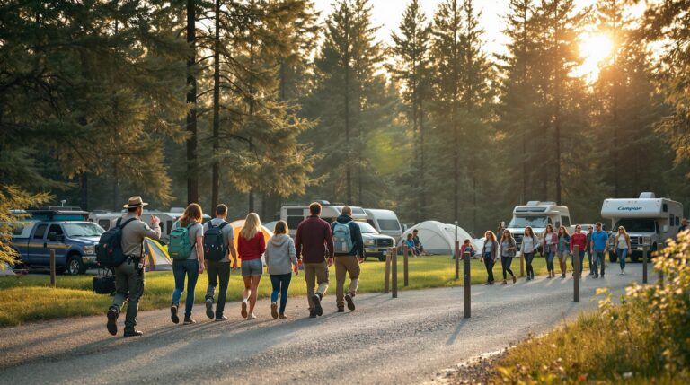 A diverse group of campers holding colored tokens walks along a gravel path in a generic forest campground, with a park ranger welcoming them and unmarked campsite posts and tents in the background, surrounded by trees in soft, golden sunlight.