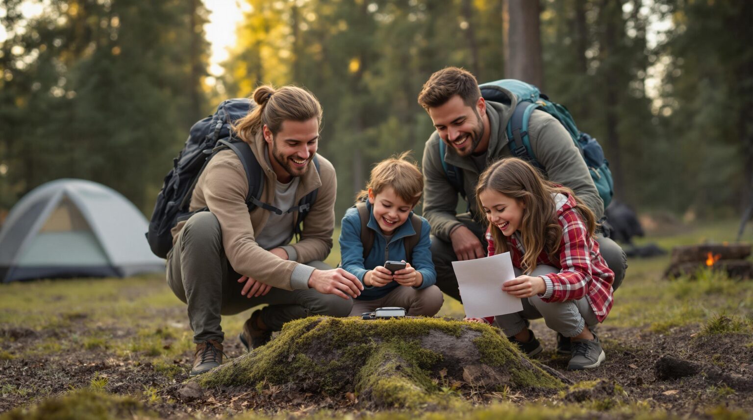 A smiling family of four discovers a geocache container in a forest campground clearing, with children excitedly holding a trinket and parents kneeling nearby, surrounded by blurred trees and camping gear in soft golden-hour light.