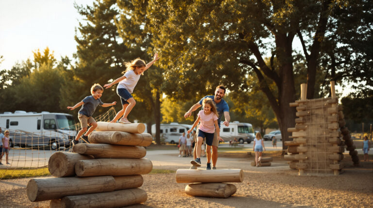 Family with two children playing on a wooden obstacle course at a generic RV park, with parents supervising, RVs in the background, and sunlit trees creating a warm, inviting outdoor setting.