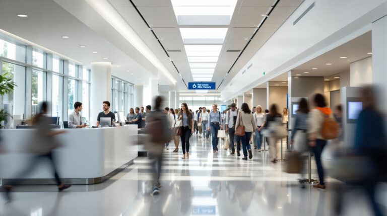 A diverse group of people quickly checking in at a modern, well-lit lobby with a smiling staff member assisting, self-service kiosks in the background, and a nearly empty queue, conveying efficient and streamlined guest entry.