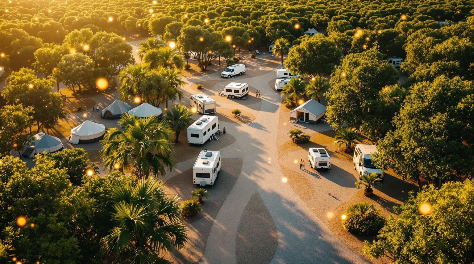 A generic sunlit campground with tents and RVs surrounded by palm trees and greenery, shown from above, with glowing dots and motion trails illustrating anonymized foot traffic patterns.