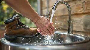 Close-up of hands being washed at a foot-activated campground sink with a hiking boot pressing the foot pedal, water running over soapy fingers, and a blurred, generic outdoor background.