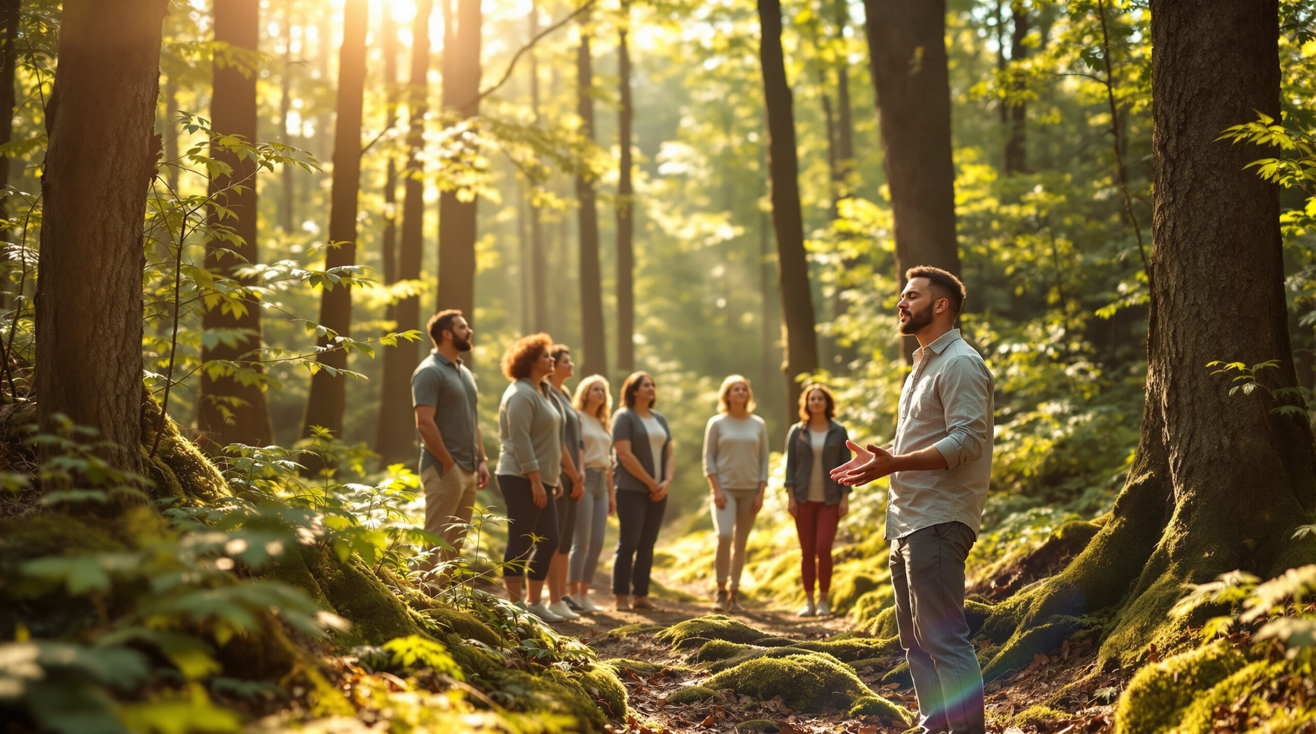 A diverse group of adults stands quietly on a sunlit forest trail during a guided mindfulness walk, surrounded by tall trees, lush greenery, and soft dappled light, led by a guide gesturing gently at the front.