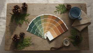 Top-down view of blank paint swatches in forest colors, pinecones, cedar sprigs, tent fabric, enamel mug, and compass arranged on a rustic wooden table with soft natural light.
