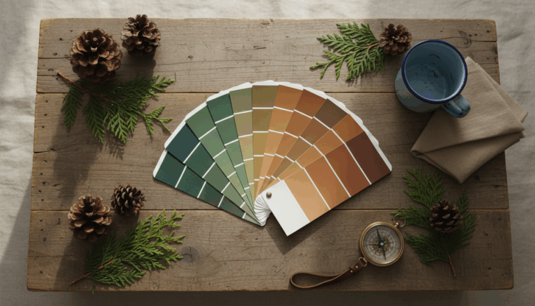 Top-down view of blank paint swatches in forest colors, pinecones, cedar sprigs, tent fabric, enamel mug, and compass arranged on a rustic wooden table with soft natural light.