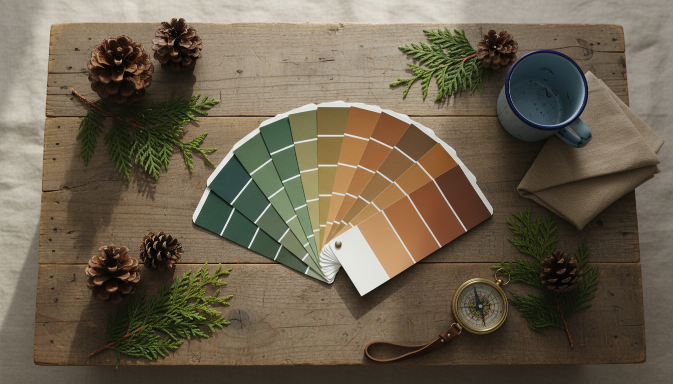 Top-down view of blank paint swatches in forest colors, pinecones, cedar sprigs, tent fabric, enamel mug, and compass arranged on a rustic wooden table with soft natural light.