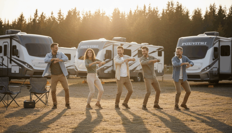 A group of six friends of different ages dancing together outside four modern RVs at a campground during golden hour, with soft sunlight filtering through trees and a portable speaker nearby, creating a joyful and communal atmosphere.