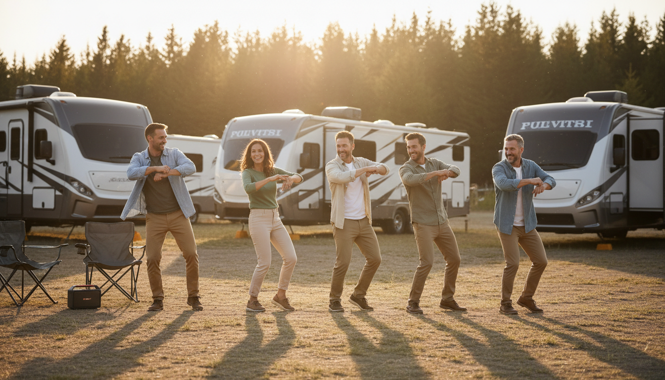 A group of six friends of different ages dancing together outside four modern RVs at a campground during golden hour, with soft sunlight filtering through trees and a portable speaker nearby, creating a joyful and communal atmosphere.
