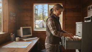 Campground manager securing guest paperwork in a metal filing cabinet inside a rustic office, with tents and trees softly blurred outside the window.