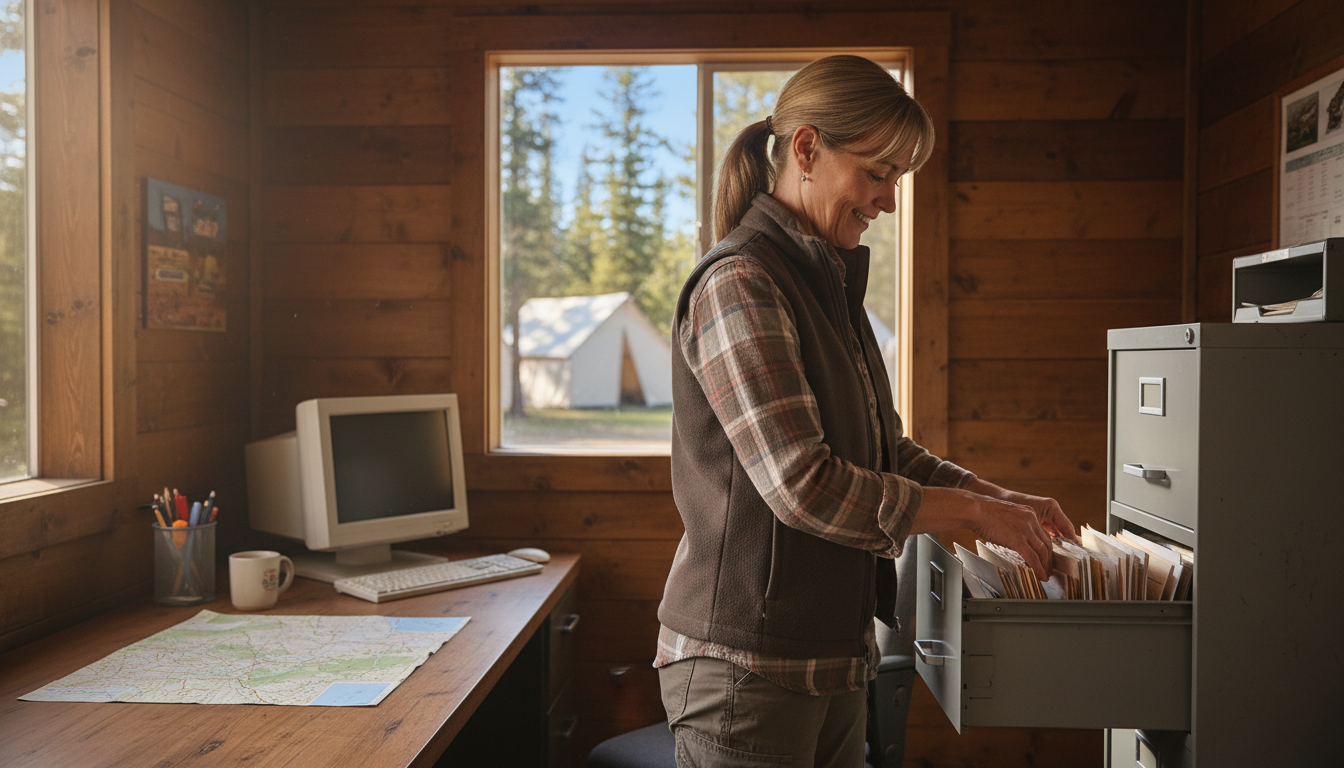 Campground manager securing guest paperwork in a metal filing cabinet inside a rustic office, with tents and trees softly blurred outside the window.