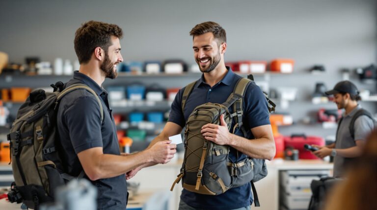 Store associate hands hiking backpack to customer holding membership card in modern, generic showroom with various rental gear on display, neutral blurred background.