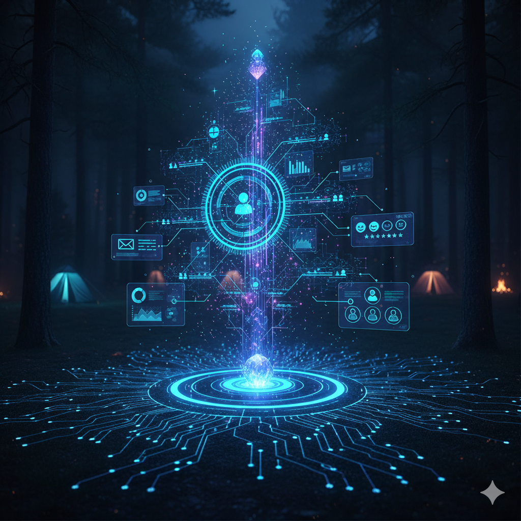 Futuristic digital network in a forest setting.