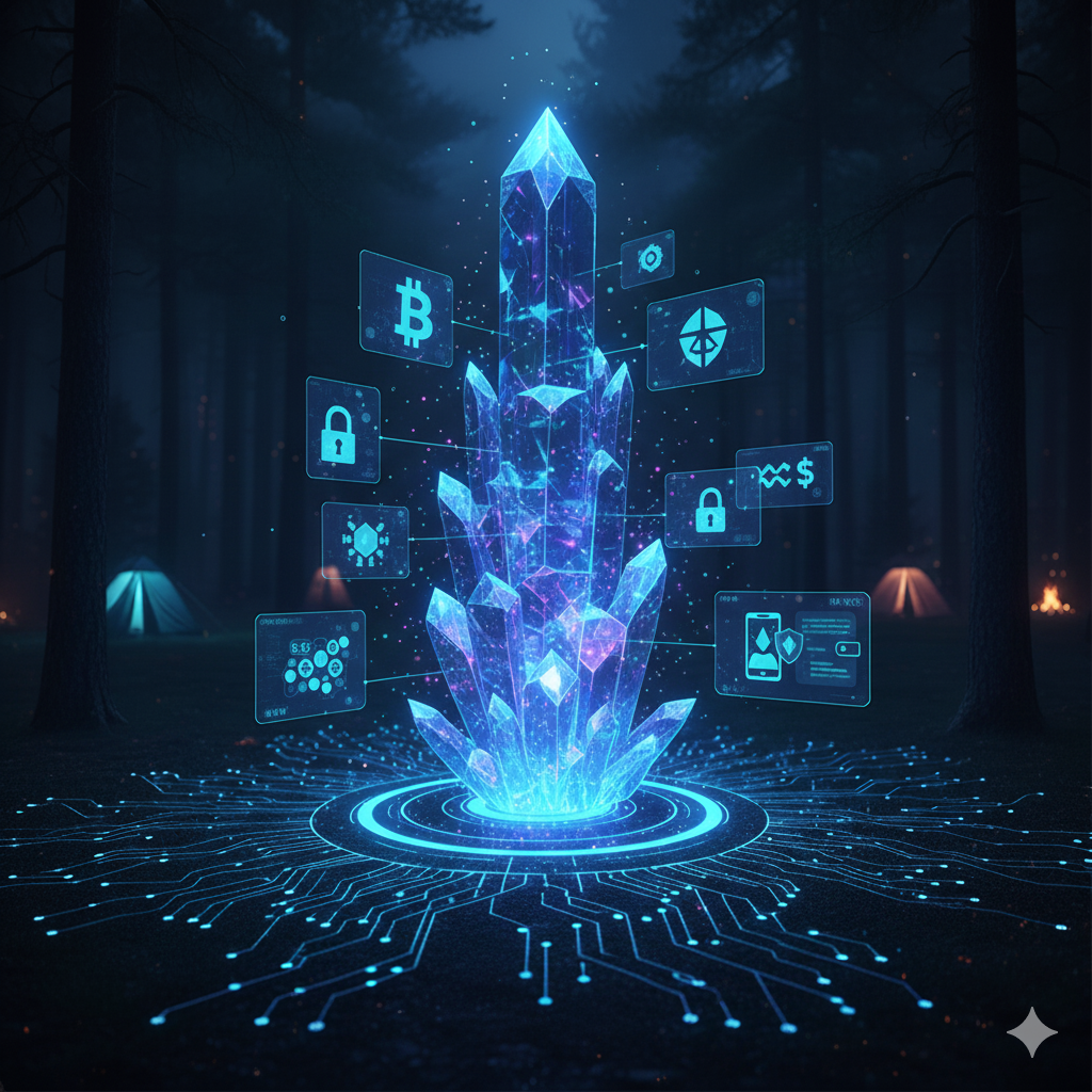 Futuristic glowing crystal with digital symbols in forest.
