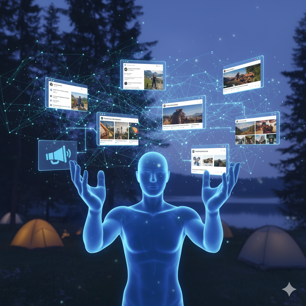 Holographic figure managing digital social media interfaces.