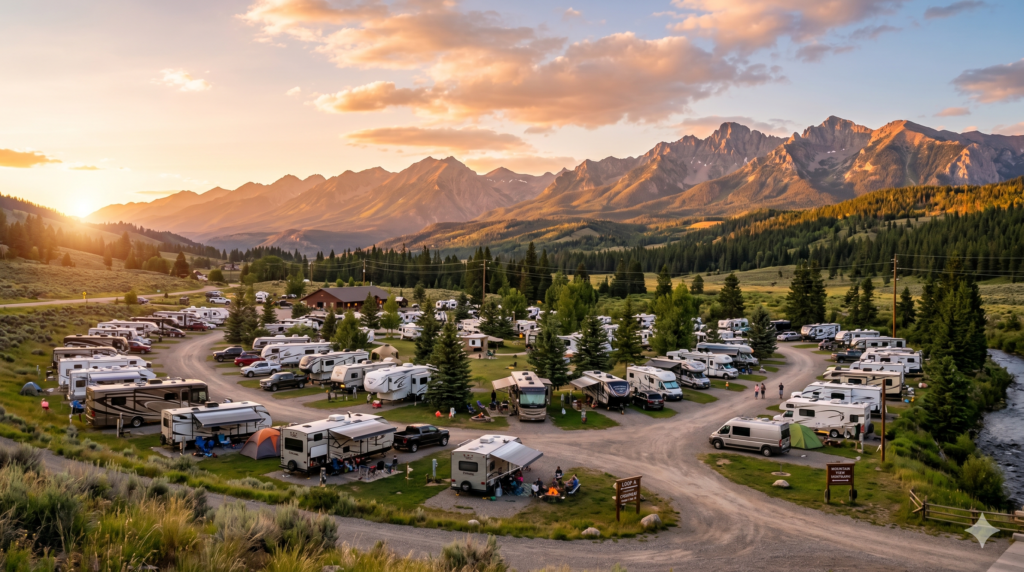 RV campsite at sunset with mountain views.