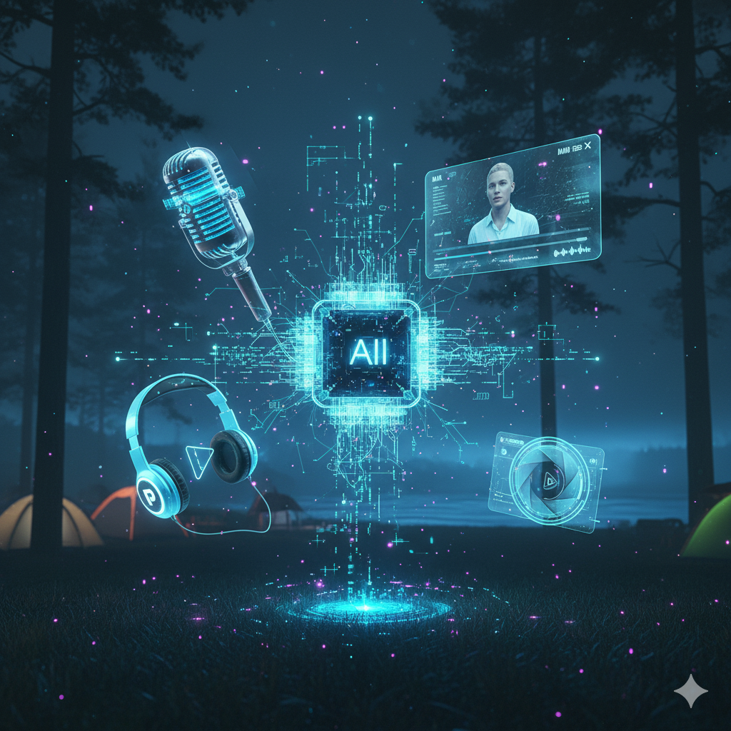AI technology with microphone and headphones outdoors.