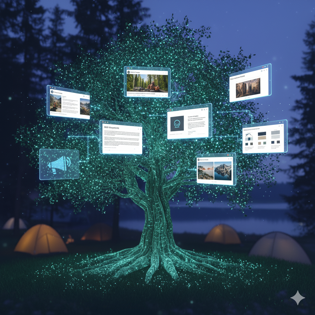 Digital tree with floating web pages at night