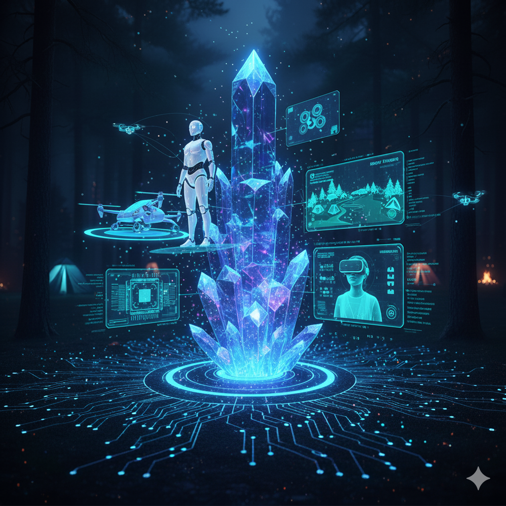 Futuristic crystal with technology and robot holograms