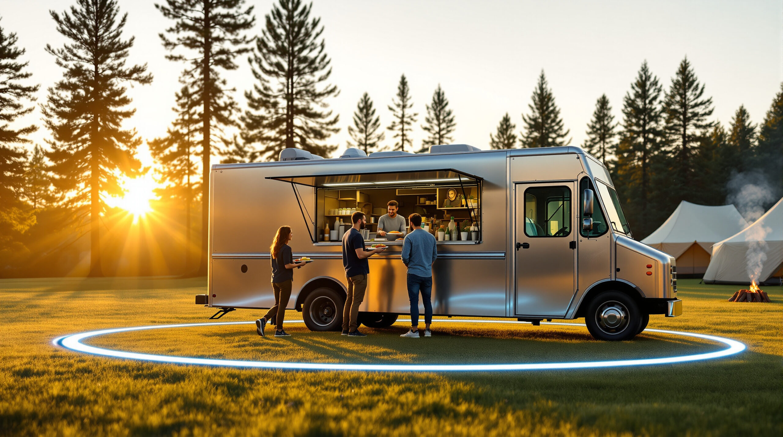 Unbranded modern food truck at a campsite serving campers, with a subtle glowing ring around the truck, pine trees and tents in the background, and golden hour sunlight.