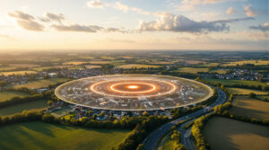 Aerial view of a generic town with a soft, glowing circular overlay illustrating a 50-mile geofenced area, surrounded by open countryside and under a partly cloudy sky.