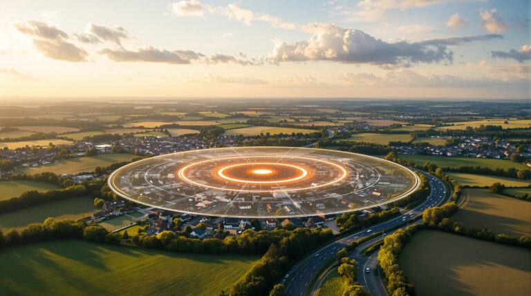Aerial view of a generic town with a soft, glowing circular overlay illustrating a 50-mile geofenced area, surrounded by open countryside and under a partly cloudy sky.