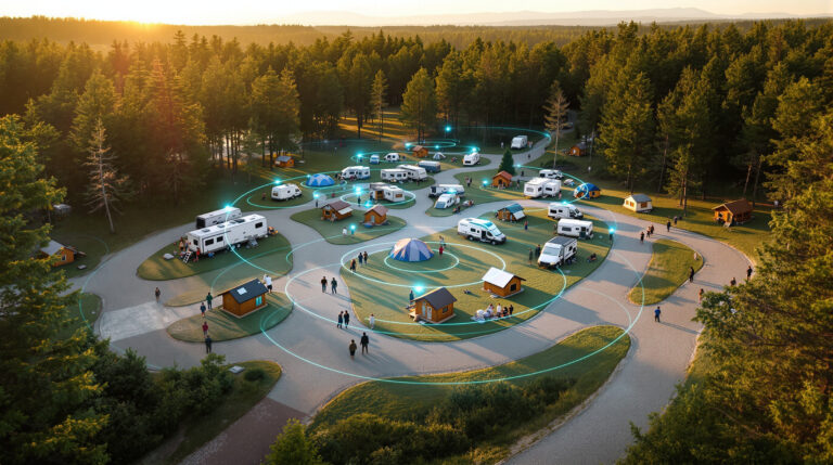 Aerial view of a generic campground with tents, RVs, and cabins among trees, guests walking along gravel paths, and translucent blue geofencing rings highlighting different zones.