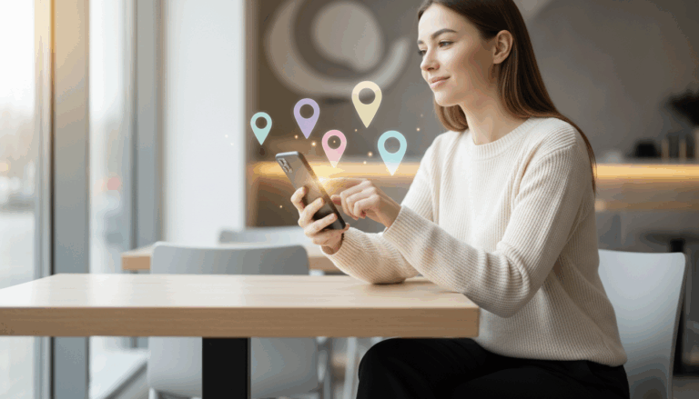 Young woman at a café table using a smartphone with floating location pin icons, modern blurred background, natural daylight.