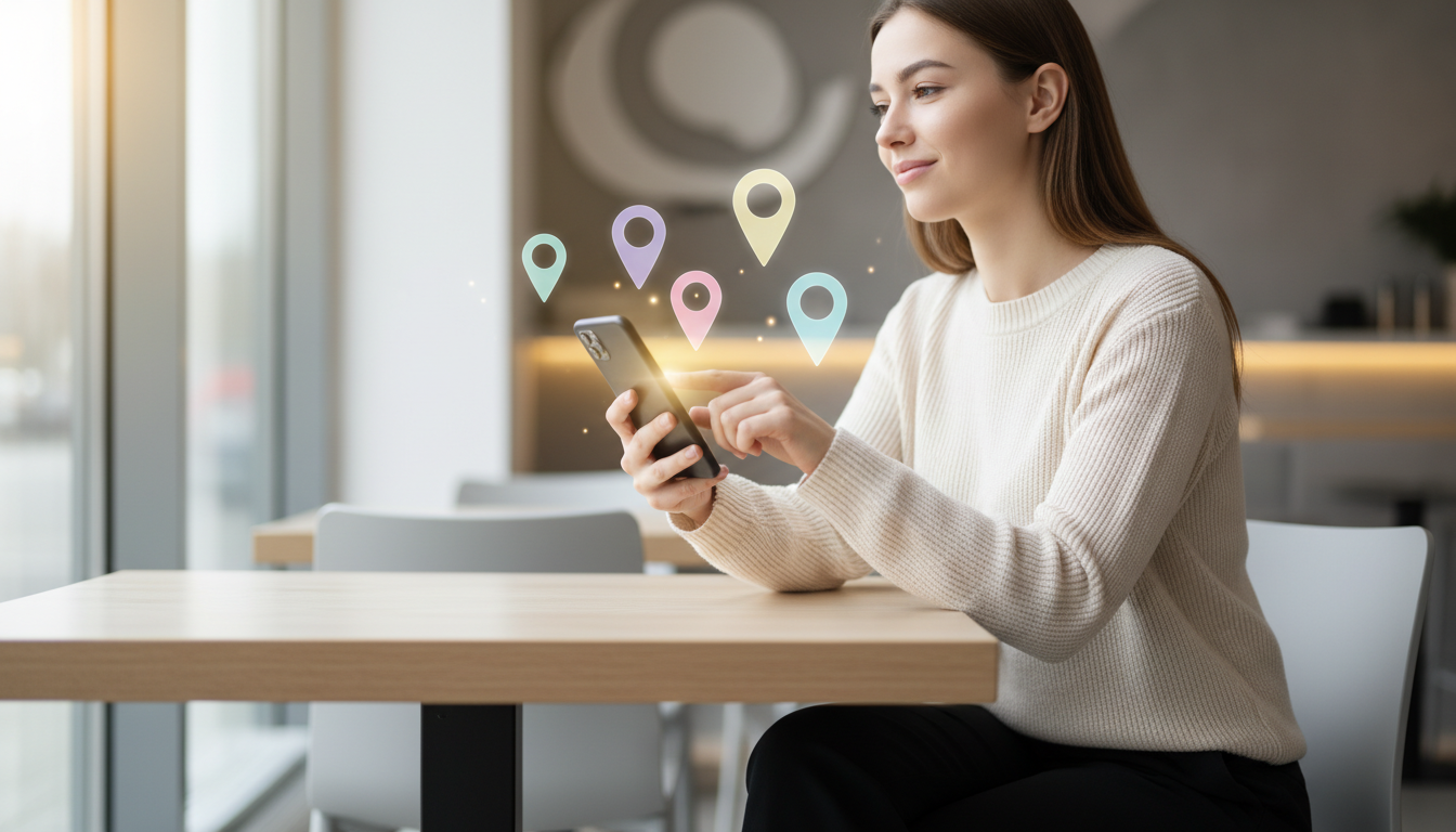 Young woman at a café table using a smartphone with floating location pin icons, modern blurred background, natural daylight.