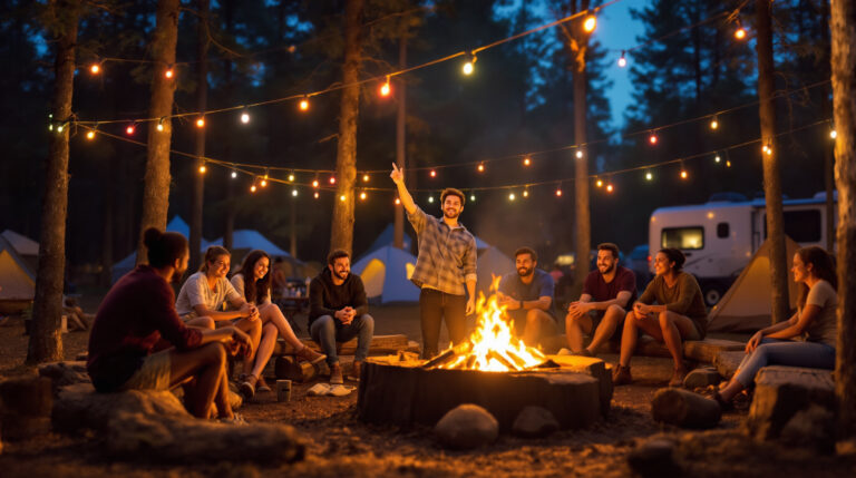 Campers gather around a glowing fire pit at dusk as a young adult uses a hand gesture to activate colorful string lights, with tents and an RV softly blurred in the background.