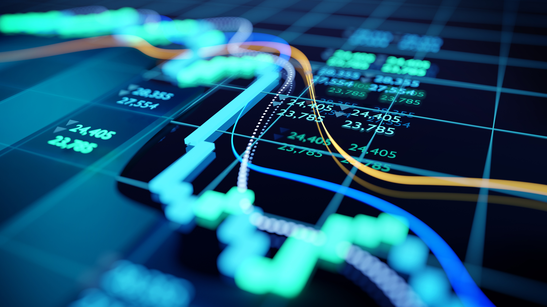 Colorful financial graph on digital screen